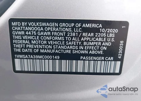 2021 Volkswagen Passat 2.0T Se from USA, damaged, VIN 1VWSA7A39MC000149